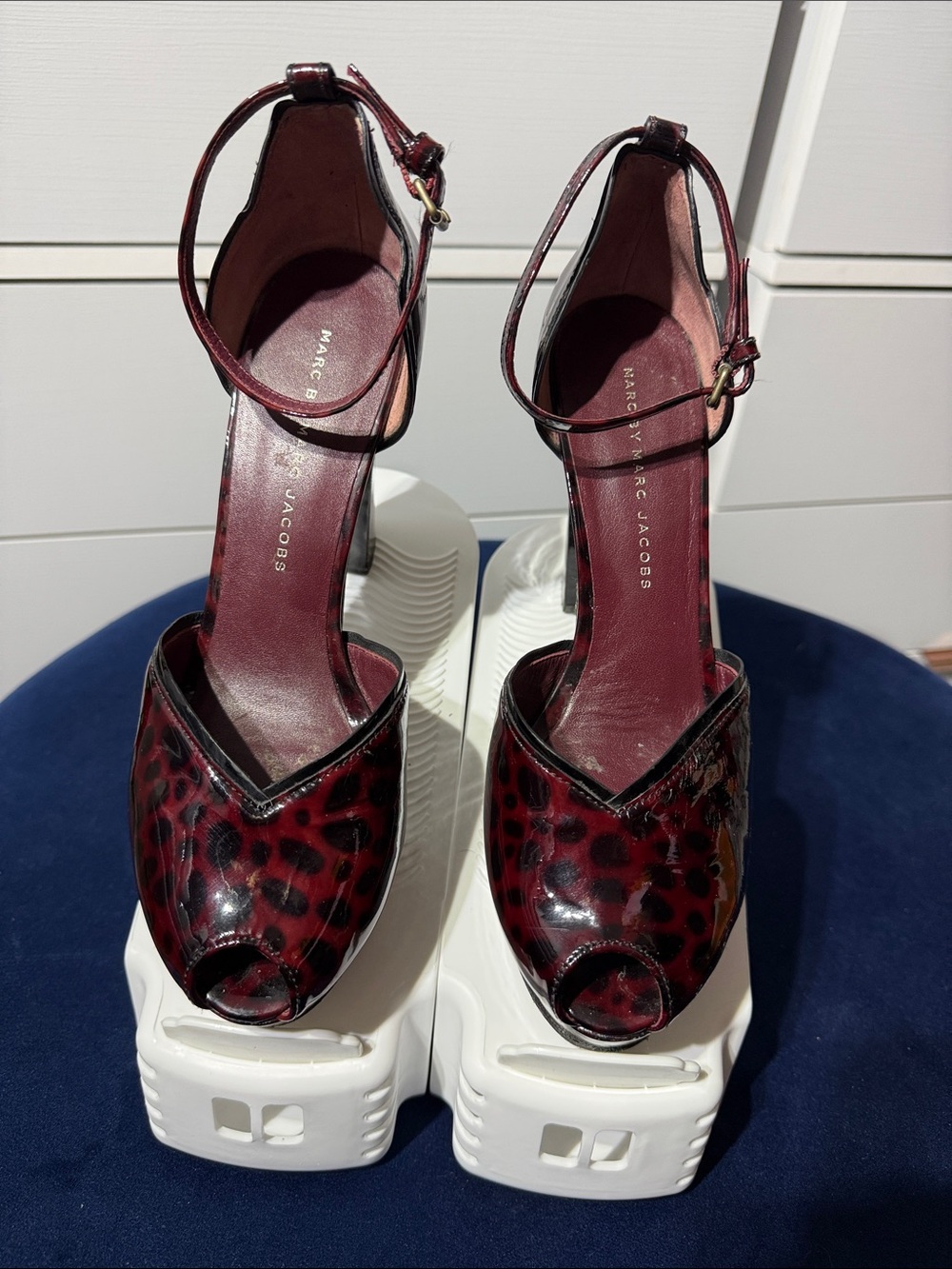 Marc Jacobs Burgundy Leopard-Print Peep-Toe Ankle-Strap Heels